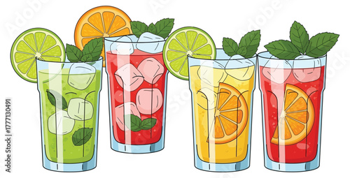 Refreshing summer cocktails with citrus fruit and mint garnish in tall clear glasses