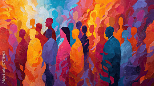 Painting of diverse crowd symbolizing equity concept. Vibrant abstract representation of diverse human figures.