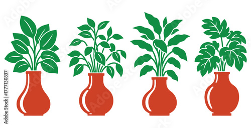 Four potted plants in a row with green leaves and brown vases against a white background