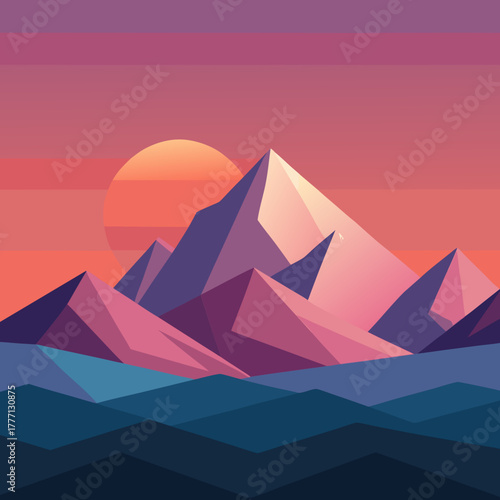 Vector background: low-poly mountains with sunrise, pastel palette, large print friendly
