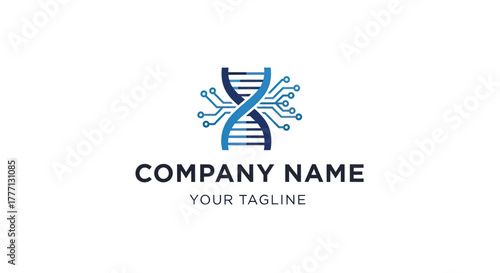 DNA helix with integrated circuit elements representing biotechnology and digital innovation.