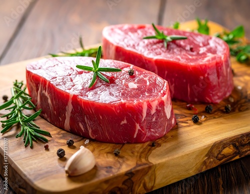 Close-up of two uncooked, round beef steaks on a wooden cutting board, adorned with rosemary sprigs, peppercorns, and garlic