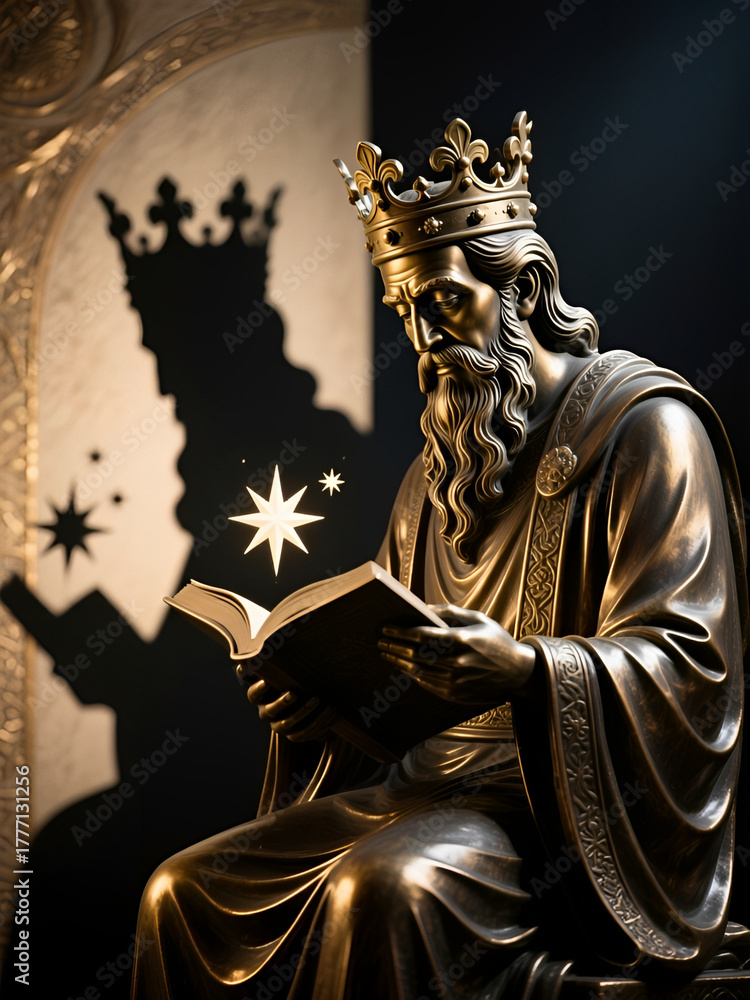 Fototapeta premium Bronze king statue reading a book with crown and illuminated shadow 