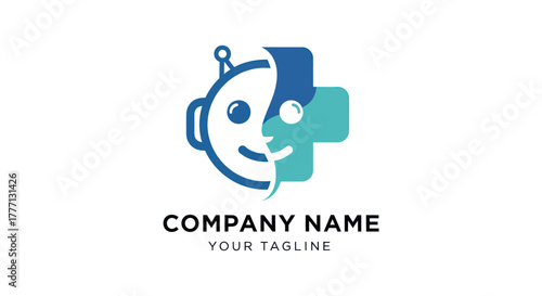 Medical Robot Logo Design Featuring a Friendly Robot Face and a Health Cross.