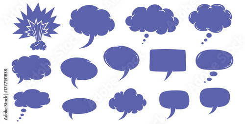 Various blue speech bubbles and thought clouds arranged on a white background design