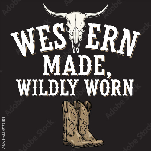 Western themed design with bull skull text and cowboy boots on a black background image