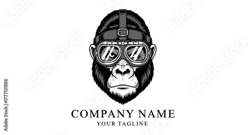 Tableau sur toile Gorilla Aviator - A Detailed Black and White Illustration of a Primate Pilot