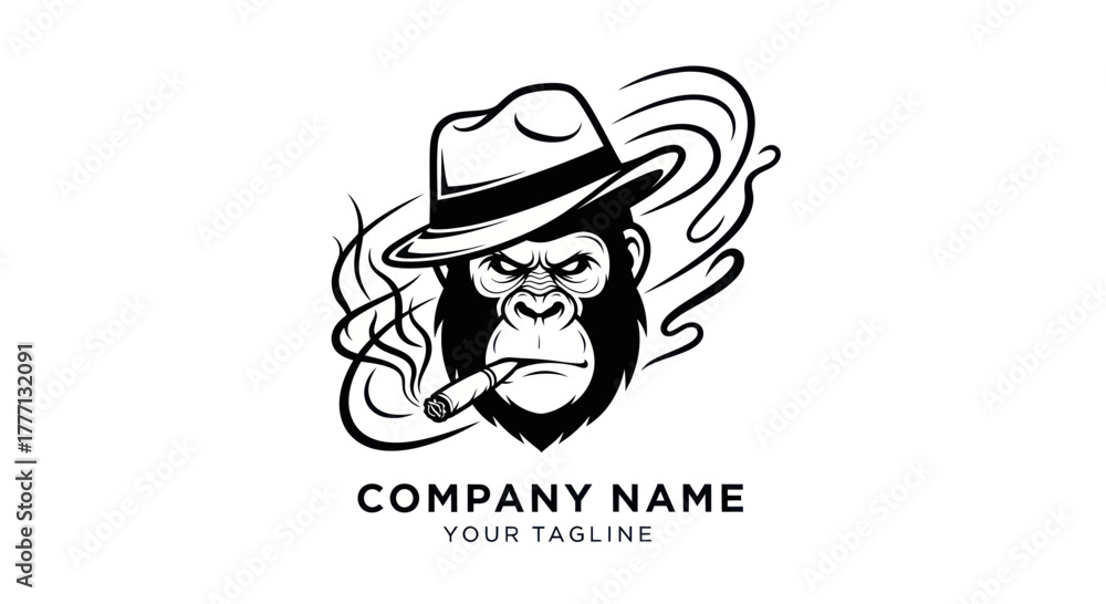 Obraz premium Gangster gorilla head mascot with fedora hat smoking a cigar.