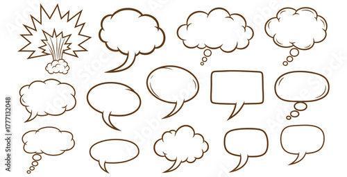 Collection of hand drawn speech bubbles and thought clouds in various shapes and styles