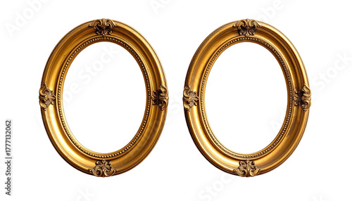 Two golden, ornate, oval picture frames on a black background