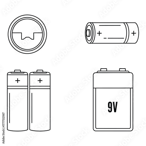 Line art illustration of various battery types including button cell aa and 9v battery