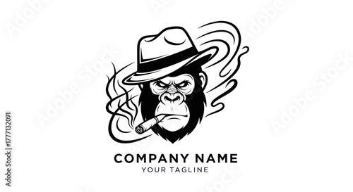 Gangster gorilla head mascot with fedora hat smoking a cigar.