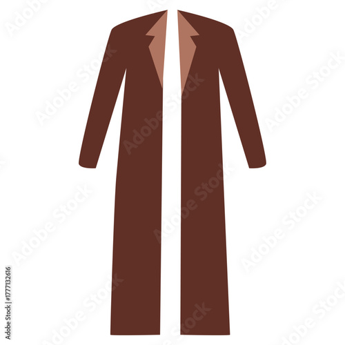 Stylish long brown trench coat flat vector illustration, embodying timeless fashion and elegance concepts