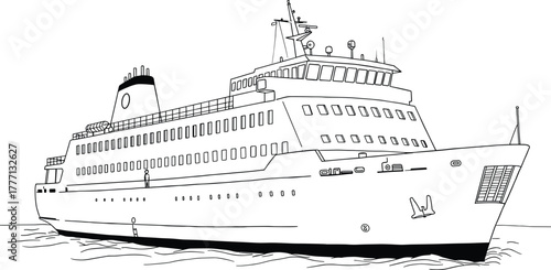 Large passenger cruise ship line art, ferry boat illustration, nautical transportation design, ocean travel concept, maritime vessel drawing, black white outline