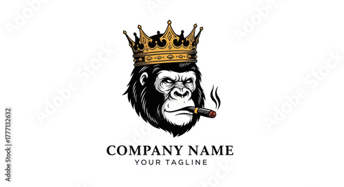 Foto Illustration of a regal gorilla head wearing a golden crown and smoking a cigar