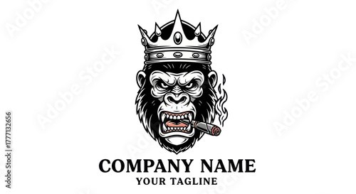 Majestic gorilla king with crown and cigar, fierce expression, logo design concept.