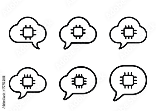 Cloud computing processor icons representing technology and data processing in outline style