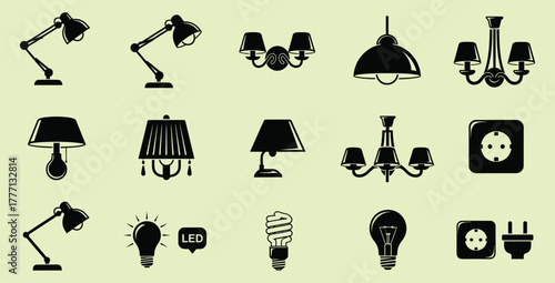 Assortment of black and white lighting fixtures including lamps bulbs and wall sockets