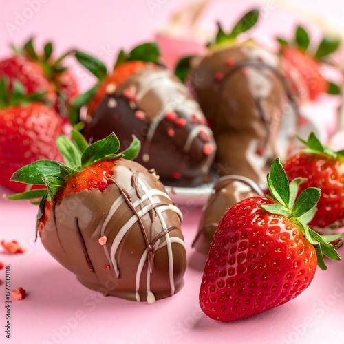 Close-up of various fresh strawberries, some dipped in chocolate with white drizzle and dried berry sprinkles, set against a pink backdrop