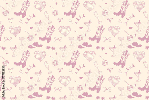 Whimsical cowgirl seamless pattern with pink hats and disco vibes