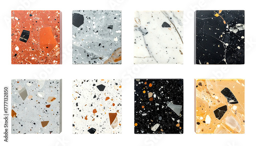 Terrazzo stone tile samples, varied colors, textures