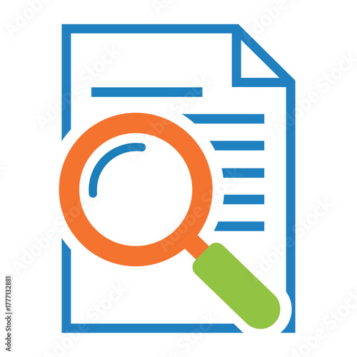 Magnifying glass over document icon for file search, content review, data analysis, audit, or report investigation vector design