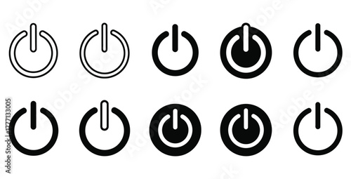 Power button icons in various styles representing on off switch for electronic devices