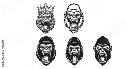 Collection of Angry Gorilla Head Illustrations in Black and White.