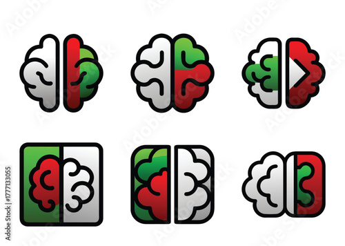 Creative Brain Icons with Varied Color Combinations and Unique Representations of Knowledge