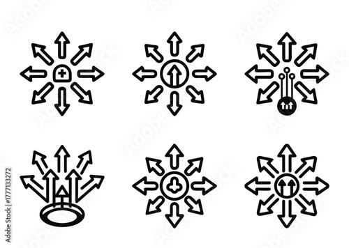 Set of six different vector design elements with arrows emanating outward