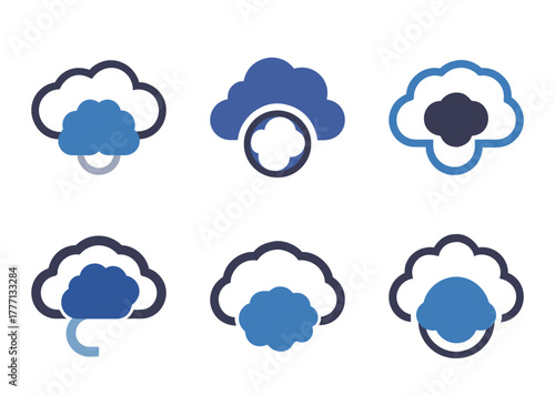 Set of simple blue cloud icons with various configurations and styles