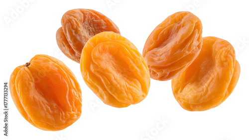 Five dried apricots isolated on transparent background