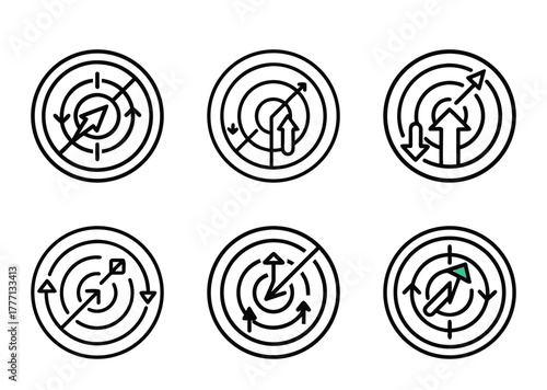 Six Unique Circular Targets with Arrows Indicating Varying Directional Concepts