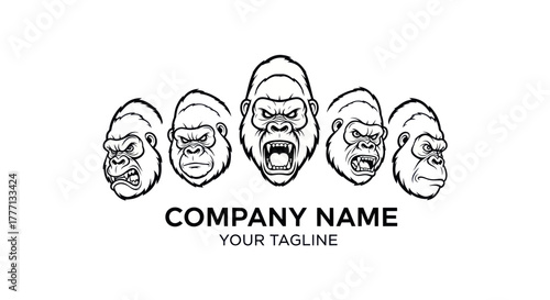 A Row of Aggressive Gorilla Heads for a Company Logo Design.