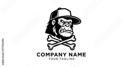 Angry gorilla head mascot with baseball cap and crossbones logo.