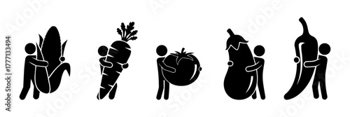 Stickman Hugging Giant Vegetables Set - Funny Healthy Food Concept Illustration.