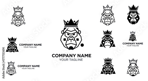 Set of angry gorilla king head logo designs with crown.