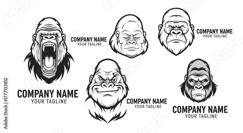 Photos Set of five black and white gorilla head mascot logo designs.