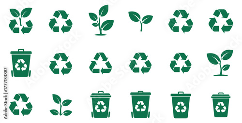 Green recycling symbols and plants representing environmental conservation and sustainability