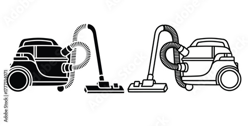 Two vacuum cleaners one in solid black and one in outline on a white background design