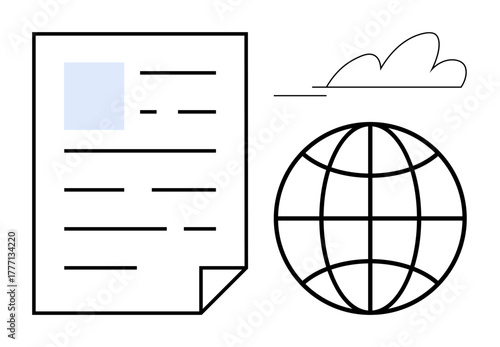 Paper document, globe symbolizing global network, and minimalist cloud. Ideal for communication, connectivity, cloud storage, online documents, networking globalization technology. Simple flat
