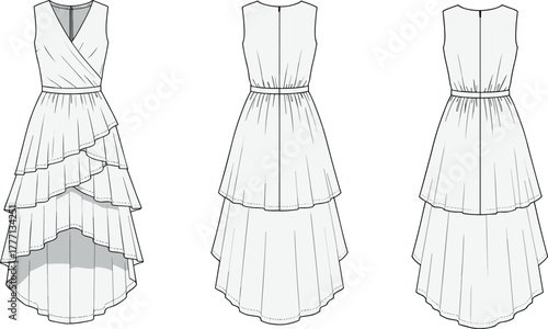 Layered ruffle dress flat sketch, technical fashion cad drawing, front and back views, vector illustration, high low tiered gown design