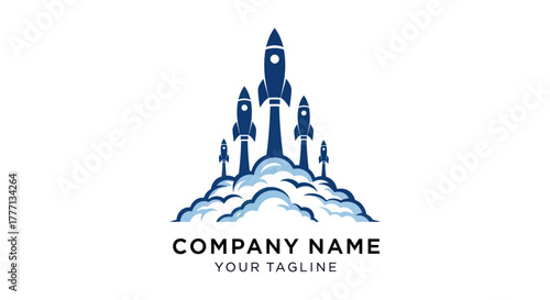 Multiple rockets launching into the sky from a cloud base.