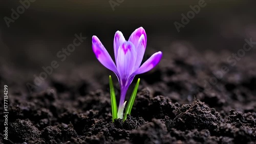 A vibrant purple crocus emerges from dark soil