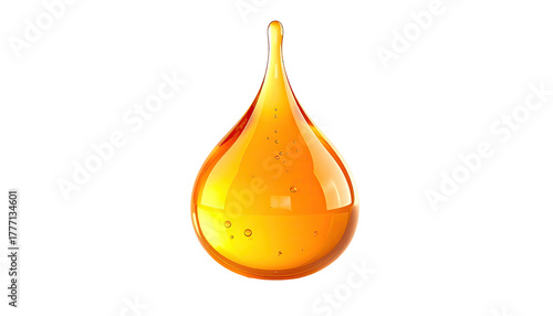 Glossy amber liquid droplet, reflecting light, on dark background