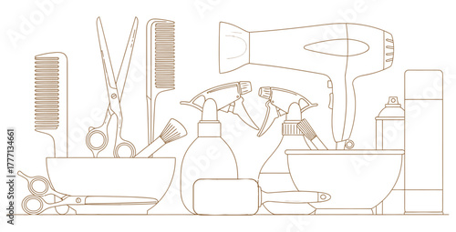 Hair salon equipment illustration featuring scissors combs and hair styling products