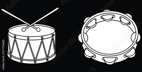Illustration of a drum with drumsticks and a tambourine on a black background design art