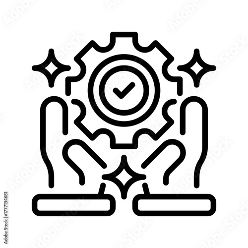 Hand with Gear Line Icon, Outline Symbol for Technical Support, Service Maintenance, System Assistance, Process Handling, and Operational Control. Vector Sign Icon.
