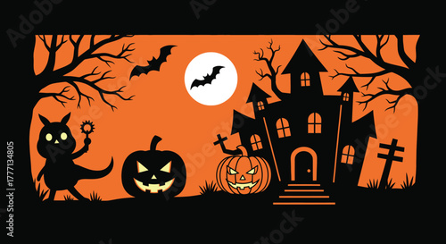 Halloween night scene with cat and pumpkins