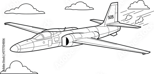 Black and White Illustration of a Jet Plane in Flight